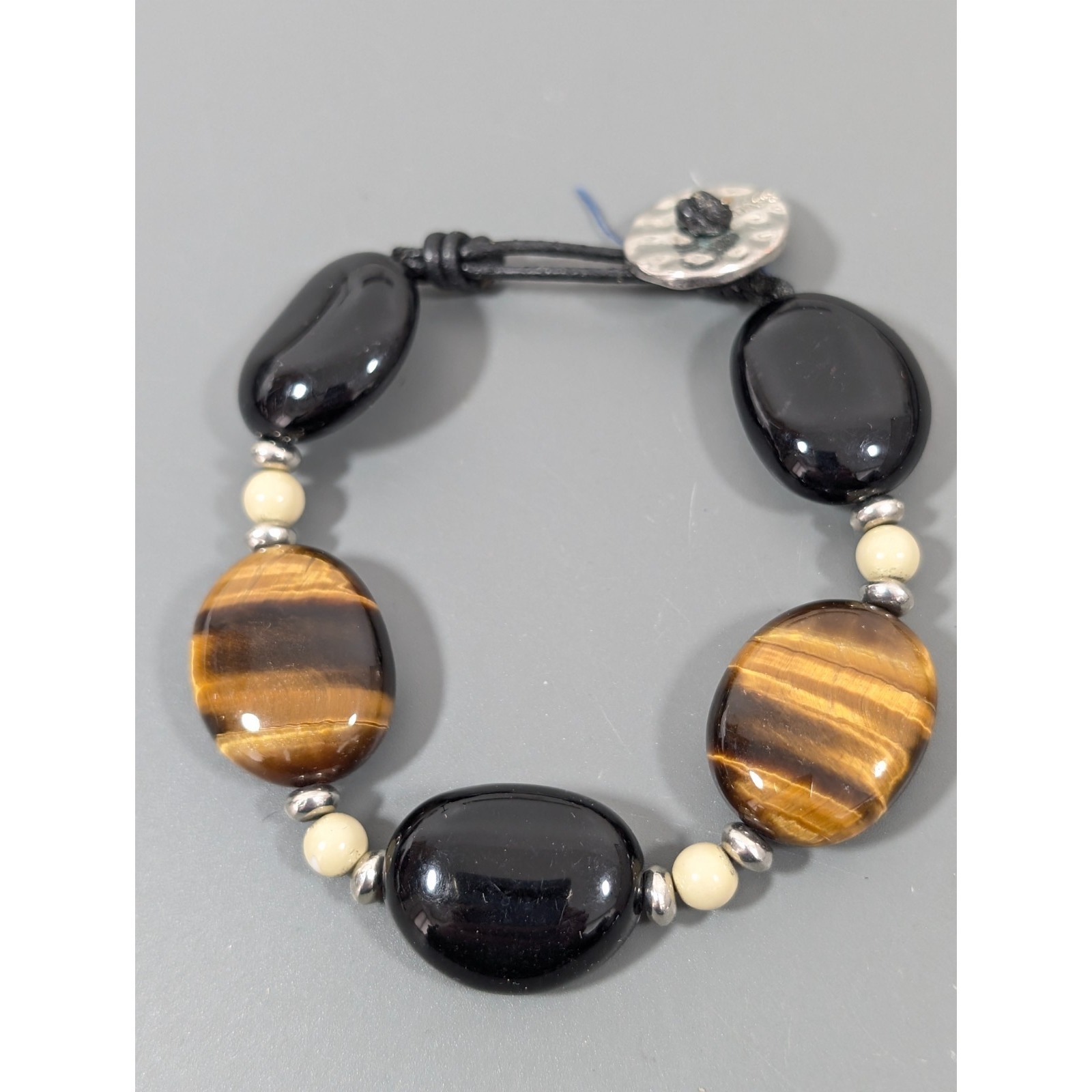 Chaps Brown Tigers Eye Stone Black Bead Chunky Toggle Bracelet Western Boho 7 In
